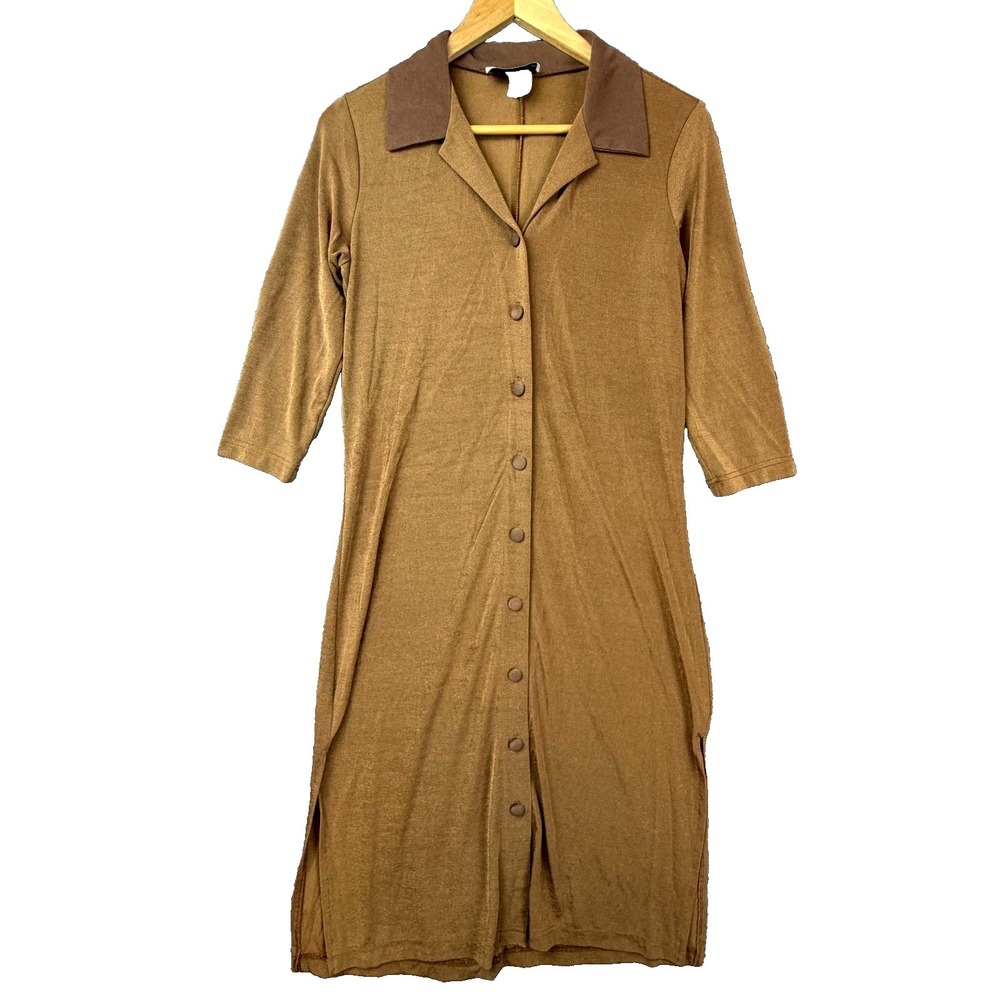 Vintage Carolyn Strauss Midi Shirt Dress Womens Small Brown Cuban Collar Neutral